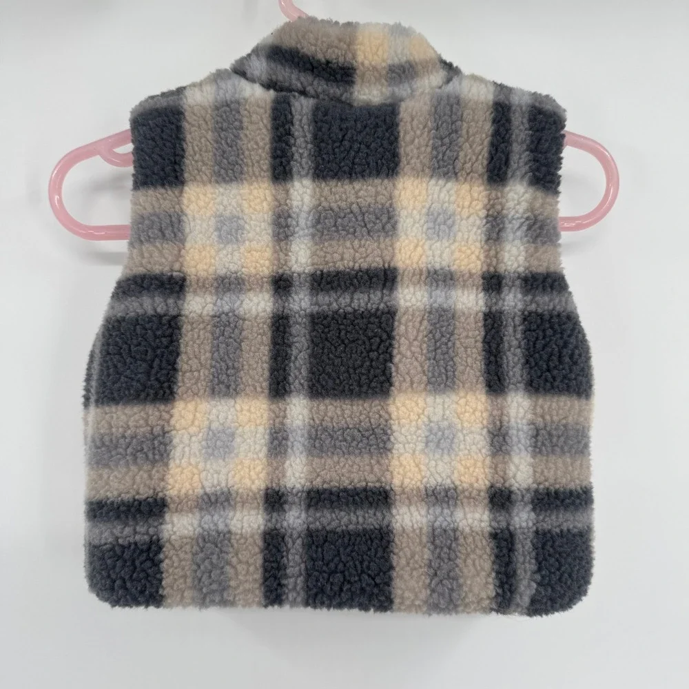 Disney‎ Mickey Mouse Baby Boy's Faux Sherpa Vest Gray/Cream Plaid Size 0/3M